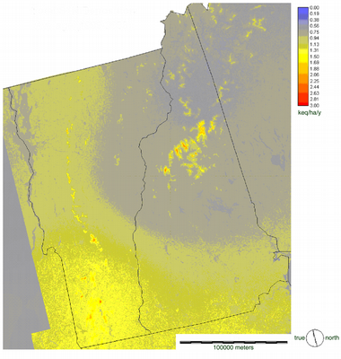 Average annual atmospheric deposition of sulfur and nitrogen (1999-2003).