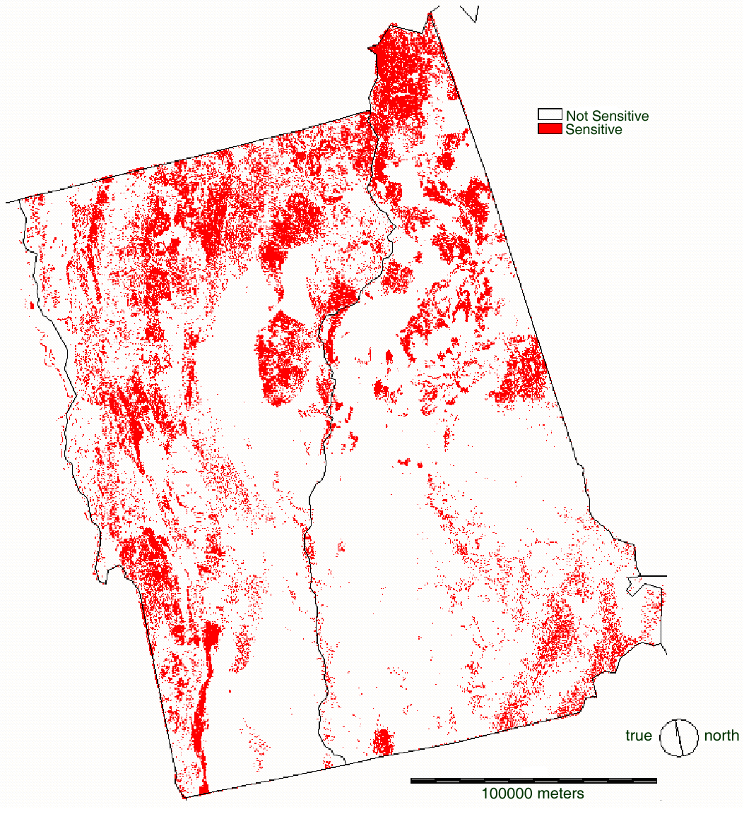 Areas with Sulfur plus Nitrogen Deposition in Excess of the Critical Load.